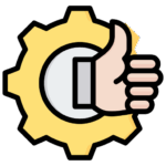 Engrenage jaune avec une main donnant un pouce levé, symbolisant l'optimisation, l'approbation ou les bons réglages.